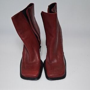 Red Leather Square-Toe Ankle Boots
